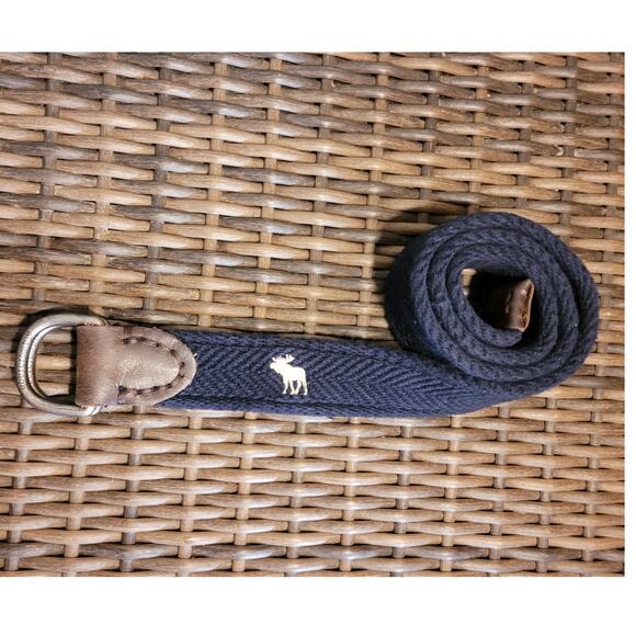 Abercrombie Fitch Woven Belt Blue Brown Leather D Ring Logo Moose Preppy 35.5 - Picture 1 of 7